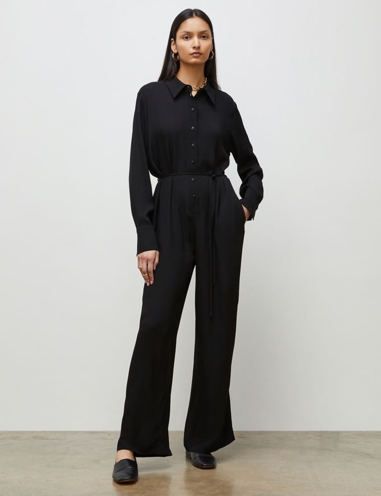 Belted Button Front Wide Leg Jumpsuit 1 of 4