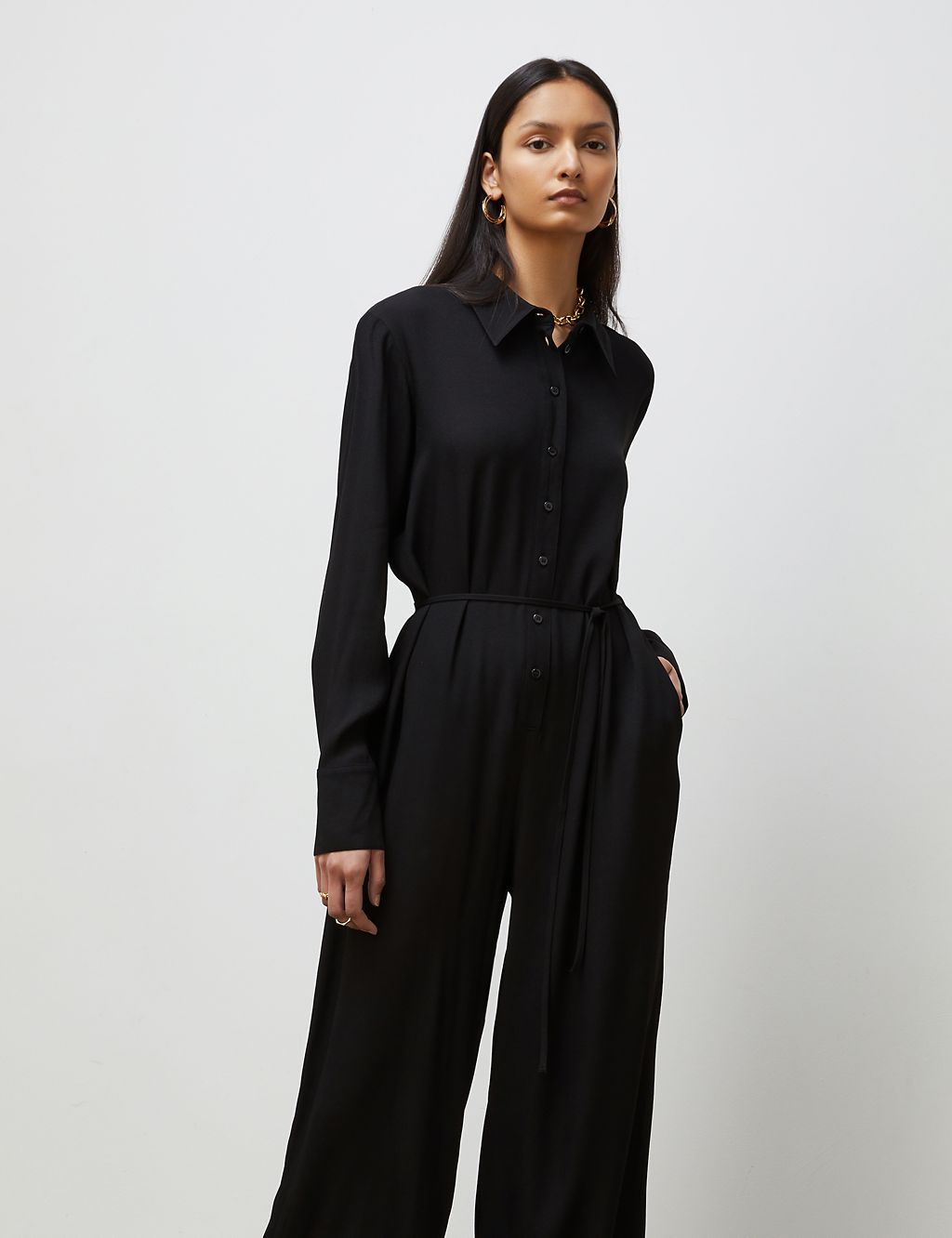 Belted Button Front Wide Leg Jumpsuit 1 of 4