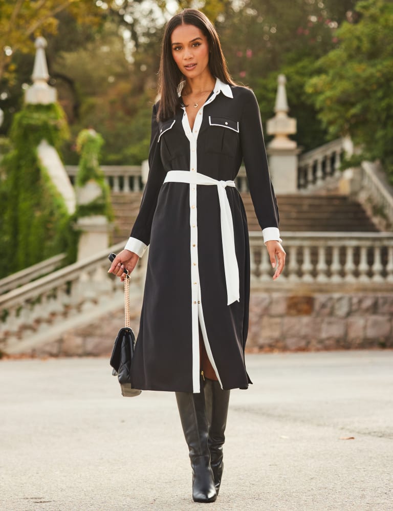 Satin Collared Tie Waist Midi Shirt Dress, SOSANDAR