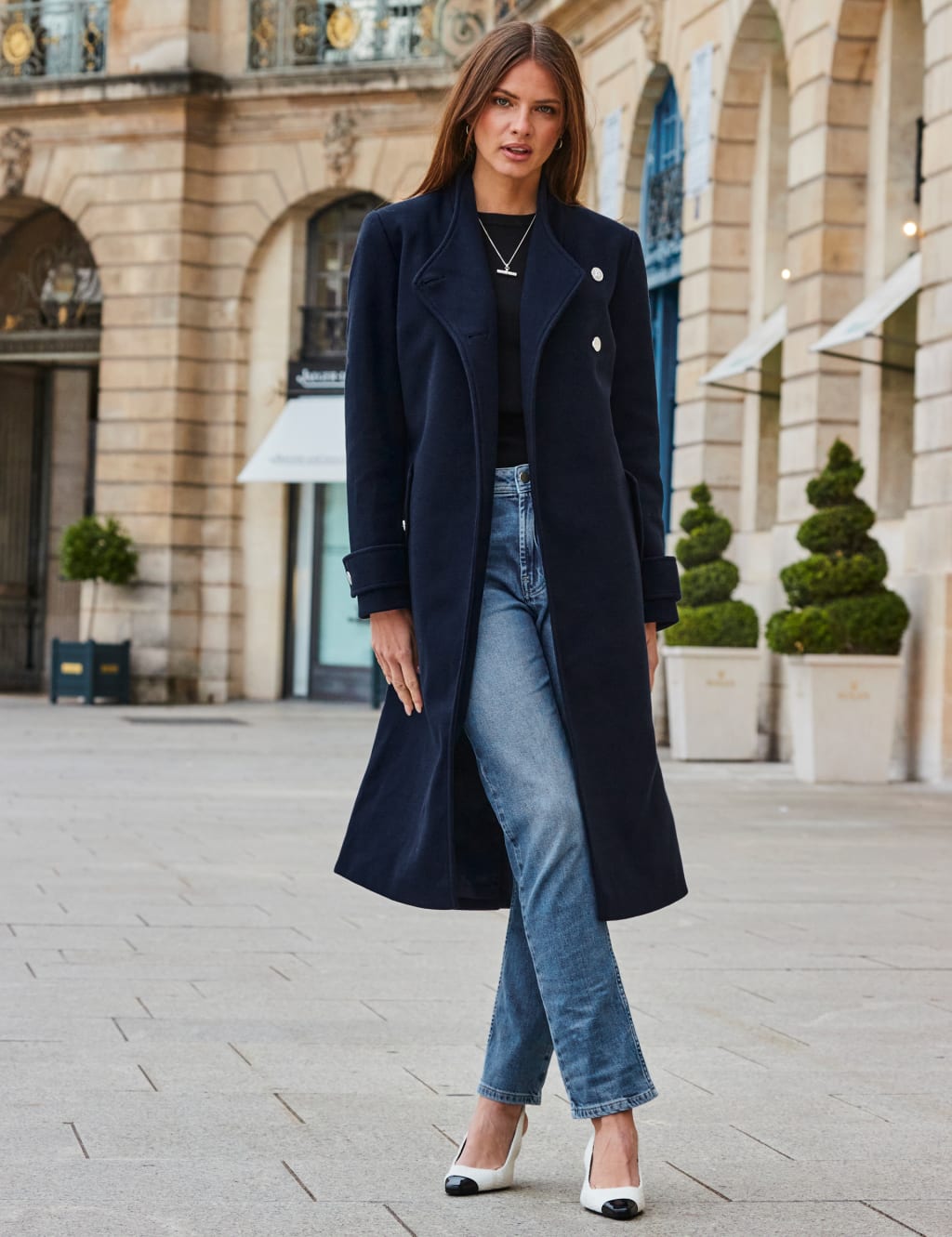 Belted Short Wrap Coat - Navy