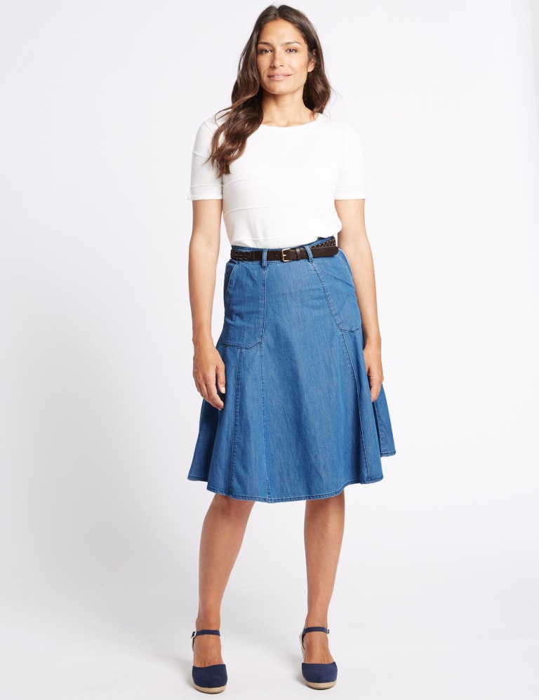Belted a-line midi denim skirt store