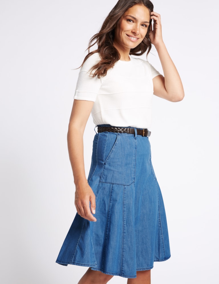 Belted Denim A Line Midi Skirt Classic M S