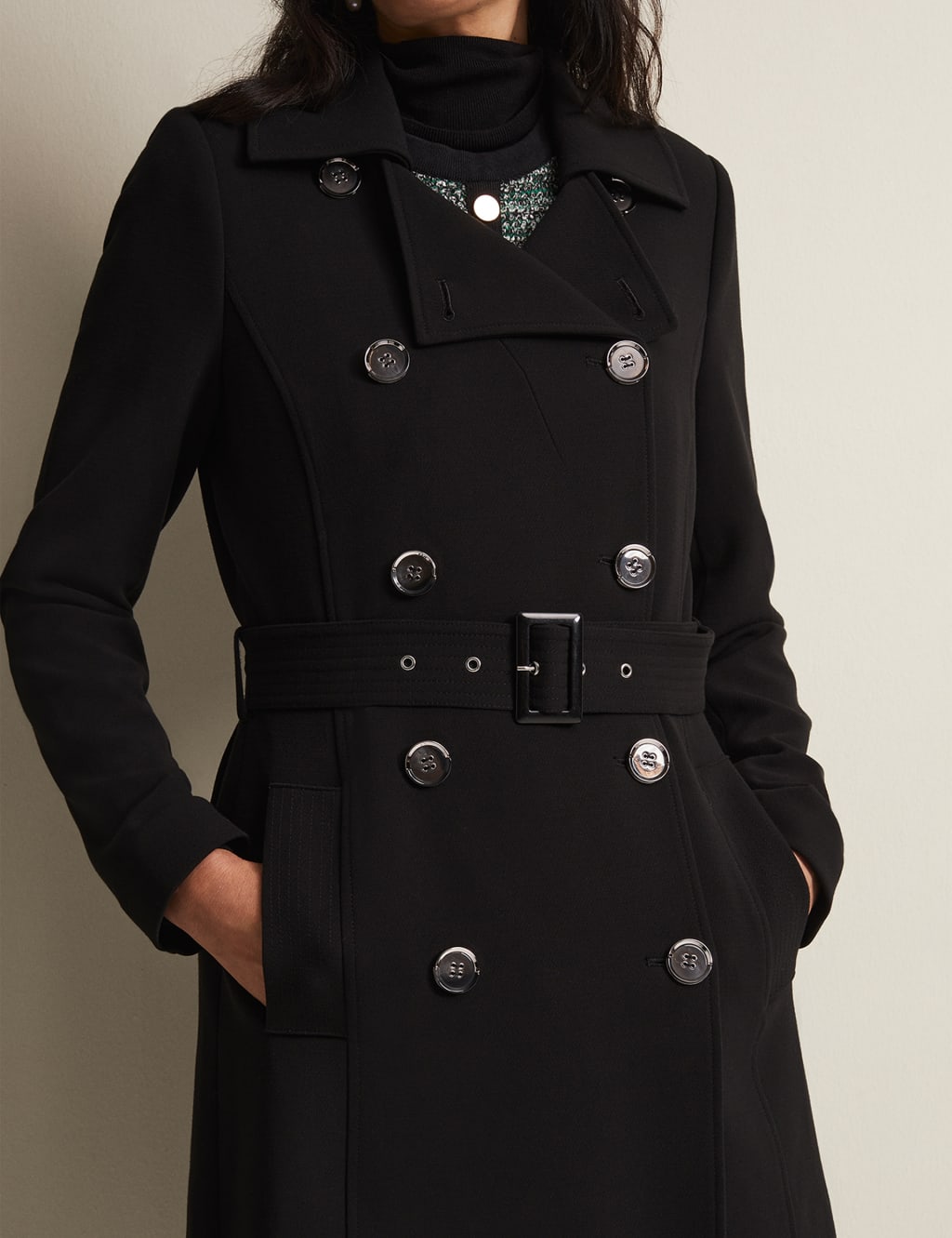 Black Lapel Double Breasted Trench Coat with Belt