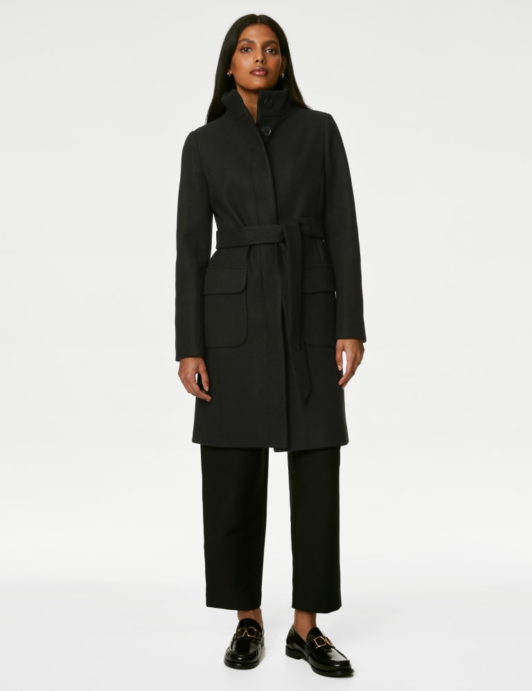 Belted funnel neck coat deals