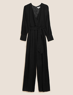 Belted Long Sleeve Wrap Jumpsuit With Wool Image 2 of 6