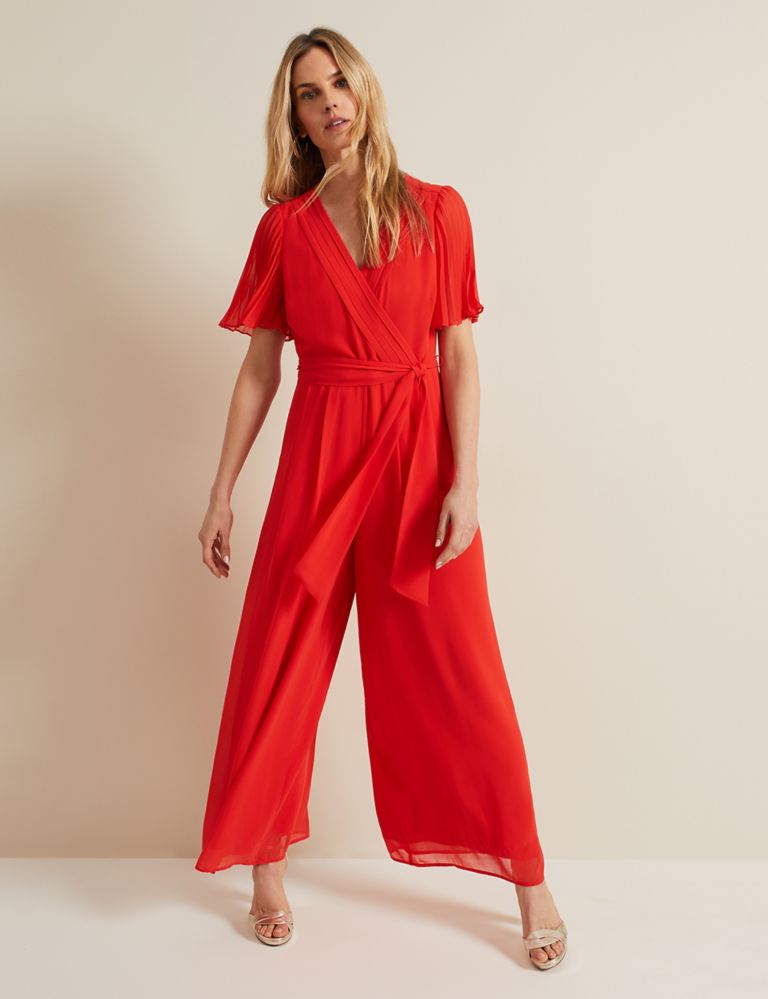 Belted Pleated Short Sleeve Wrap Jumpsuit 1 of 7