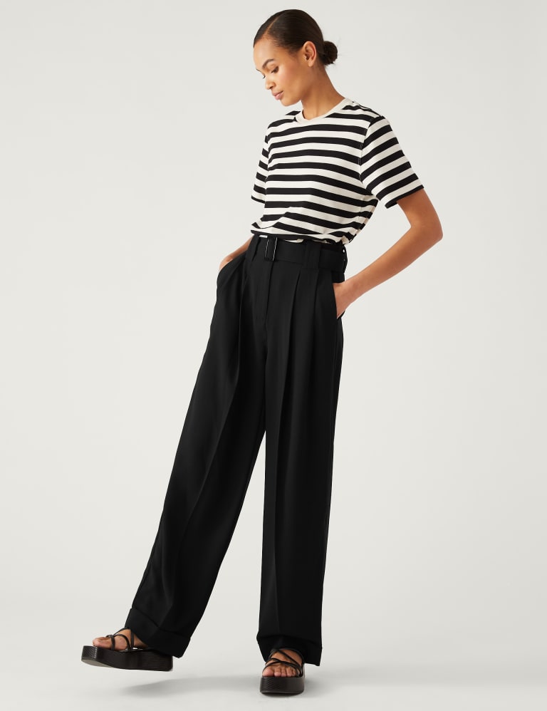 Belted Relaxed Straight Trousers | Mu0026S Collection | Mu0026S