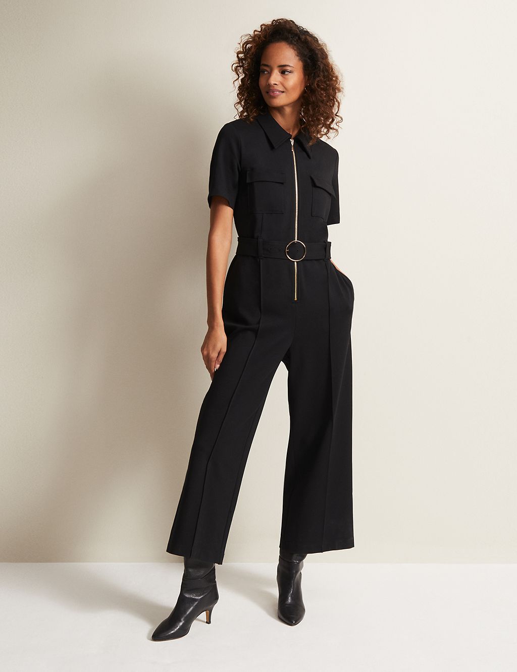 Belted Short Sleeve Cropped Jumpsuit 3 of 5