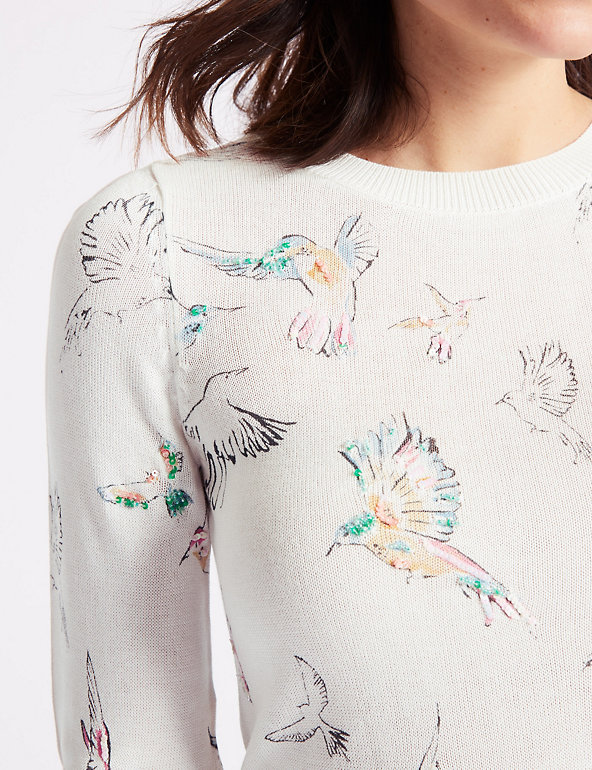 Marks and Spencer EX M&S per UNA Bird Print Round Neck Long Sleeve Jumper