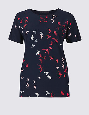 Bird Print Round Neck Short Sleeve T-Shirt Image 2 of 4