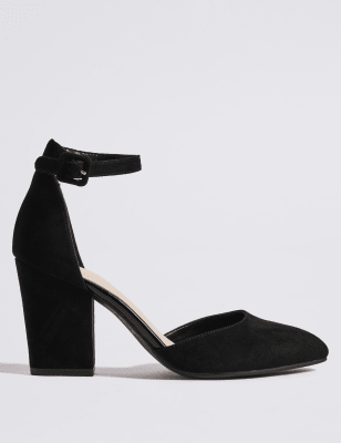 Black court heels with ankle outlet strap