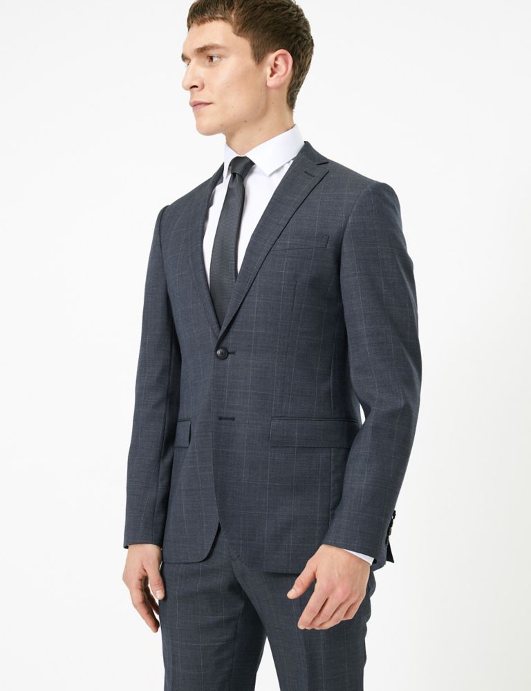 Buy Blue Checked Slim Fit Wool Jacket | M&S Collection Luxury | M&S
