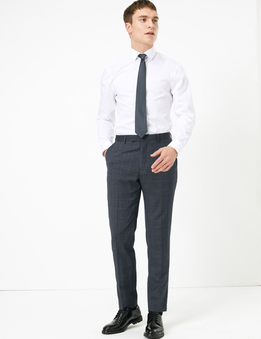 Blue Checked Slim Fit Wool Trousers 3 of 6