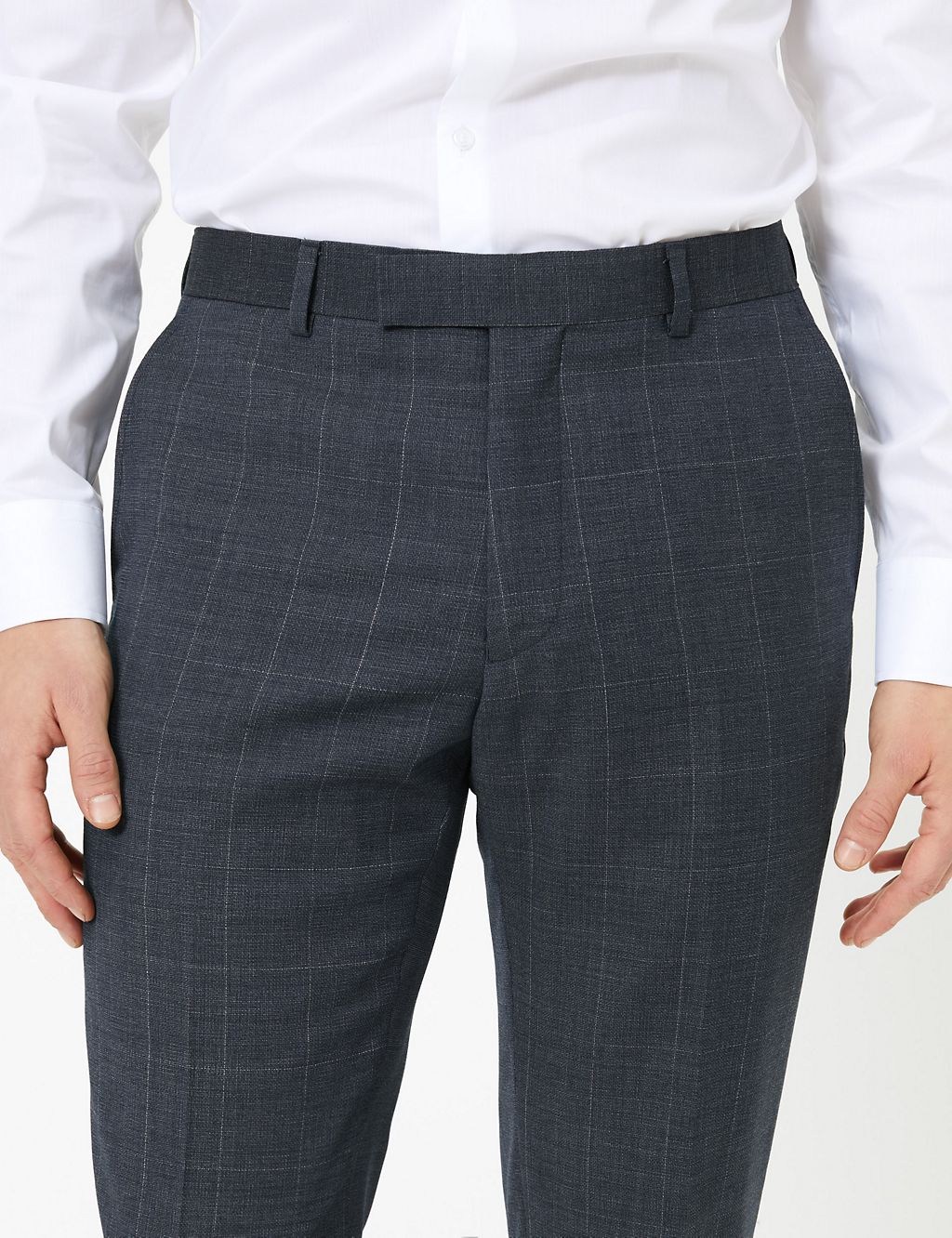 Blue Checked Slim Fit Wool Trousers 2 of 6
