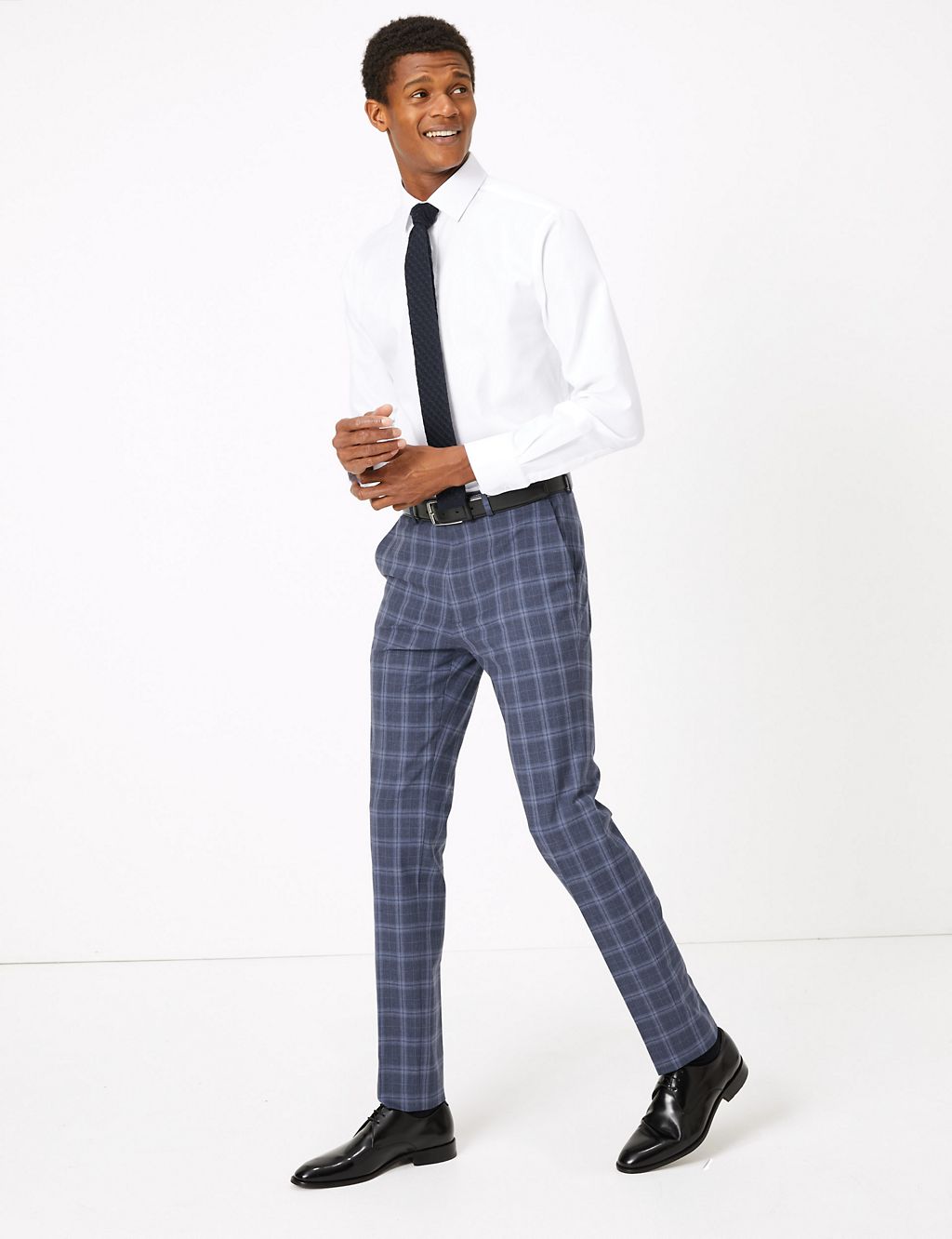 Blue Skinny Fit Checked Suit Trousers 3 of 7