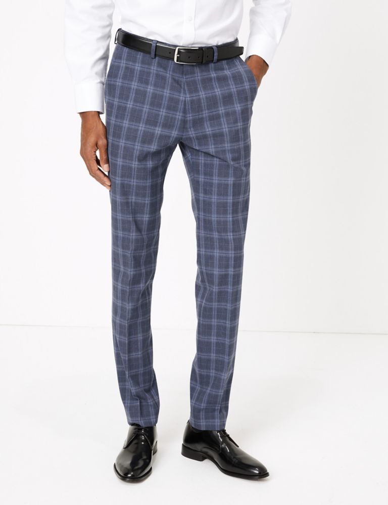 Blue Skinny Fit Checked Suit Trousers 6 of 7