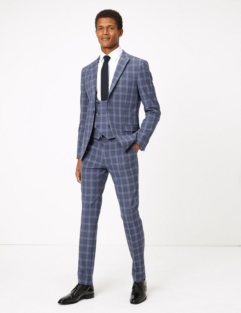 Blue Skinny Fit Checked Suit Trousers 5 of 7
