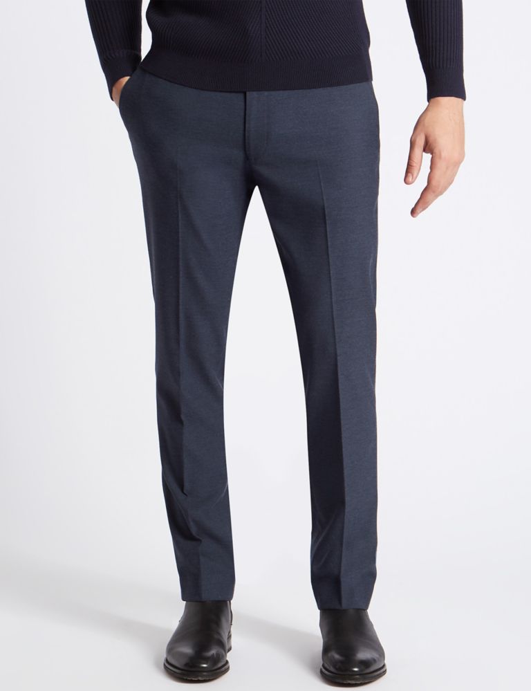 Blue Textured Slim Fit Trousers 1 of 6