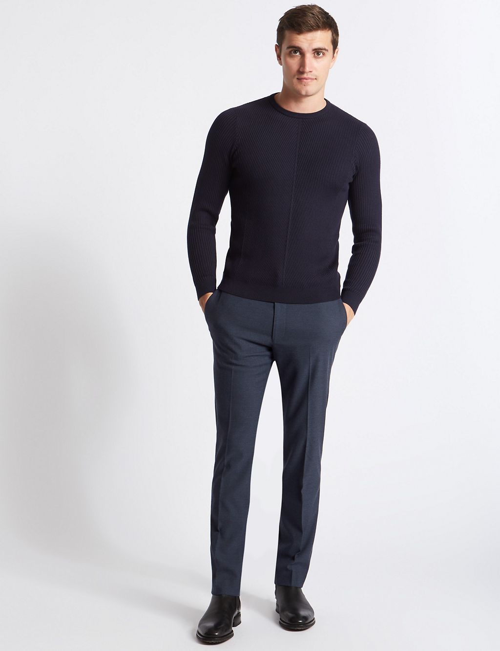 Blue Textured Slim Fit Trousers 2 of 6