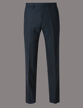 Blue Textured Tailored Fit Wool Trousers Image 2 of 4