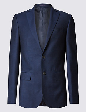 Blue Textured Tailored Fit Wool Trousers Image 2 of 6