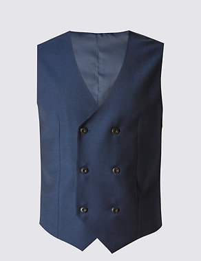 Blue Textured Tailored Fit Wool Waistcoat Image 2 of 5
