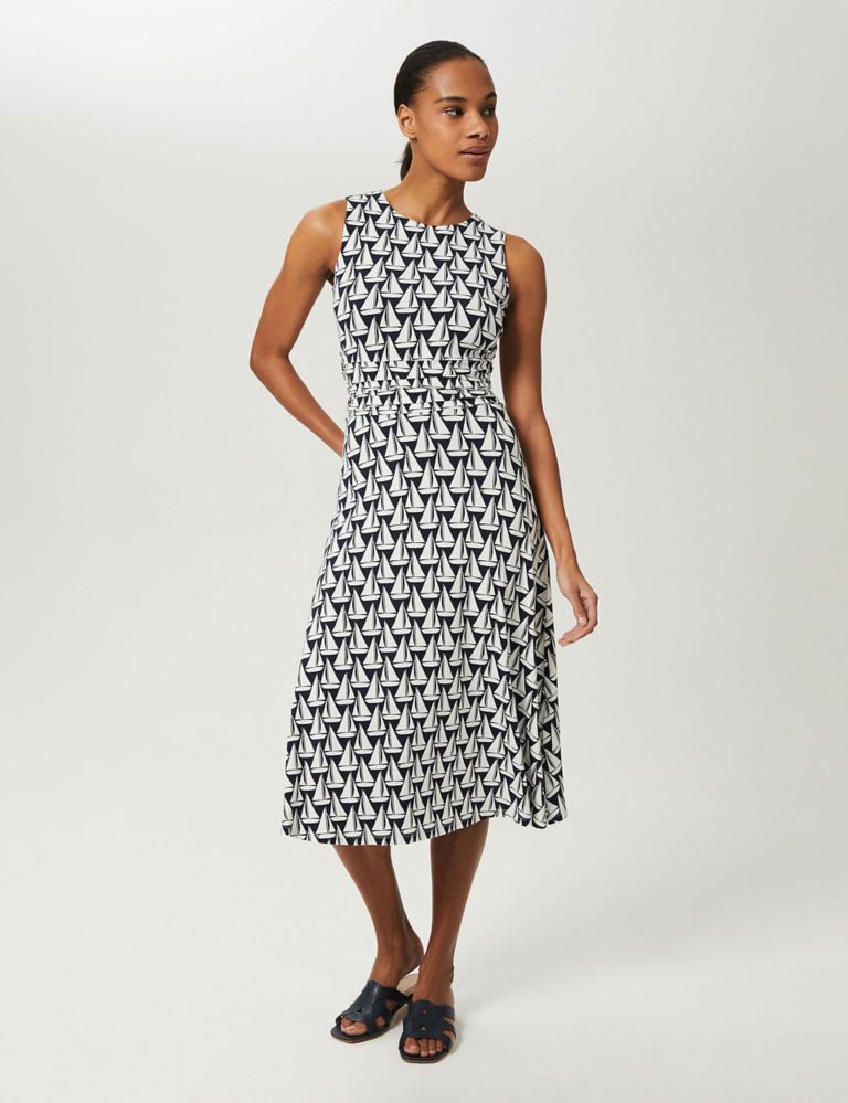Boat Print Tie Front Midi Waisted Dress 1 of 4