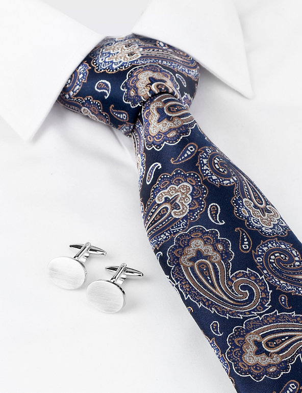 Boxed Pure Silk Paisley Print Tie with Cufflinks Image 1 of 2