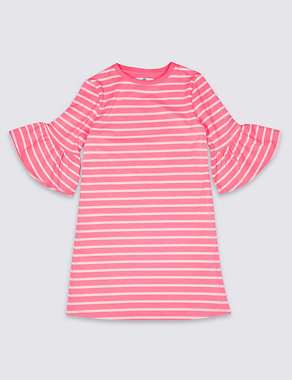 Bright Pink Striped Fluted Sleeve Dress (3-14 Years) Image 2 of 4