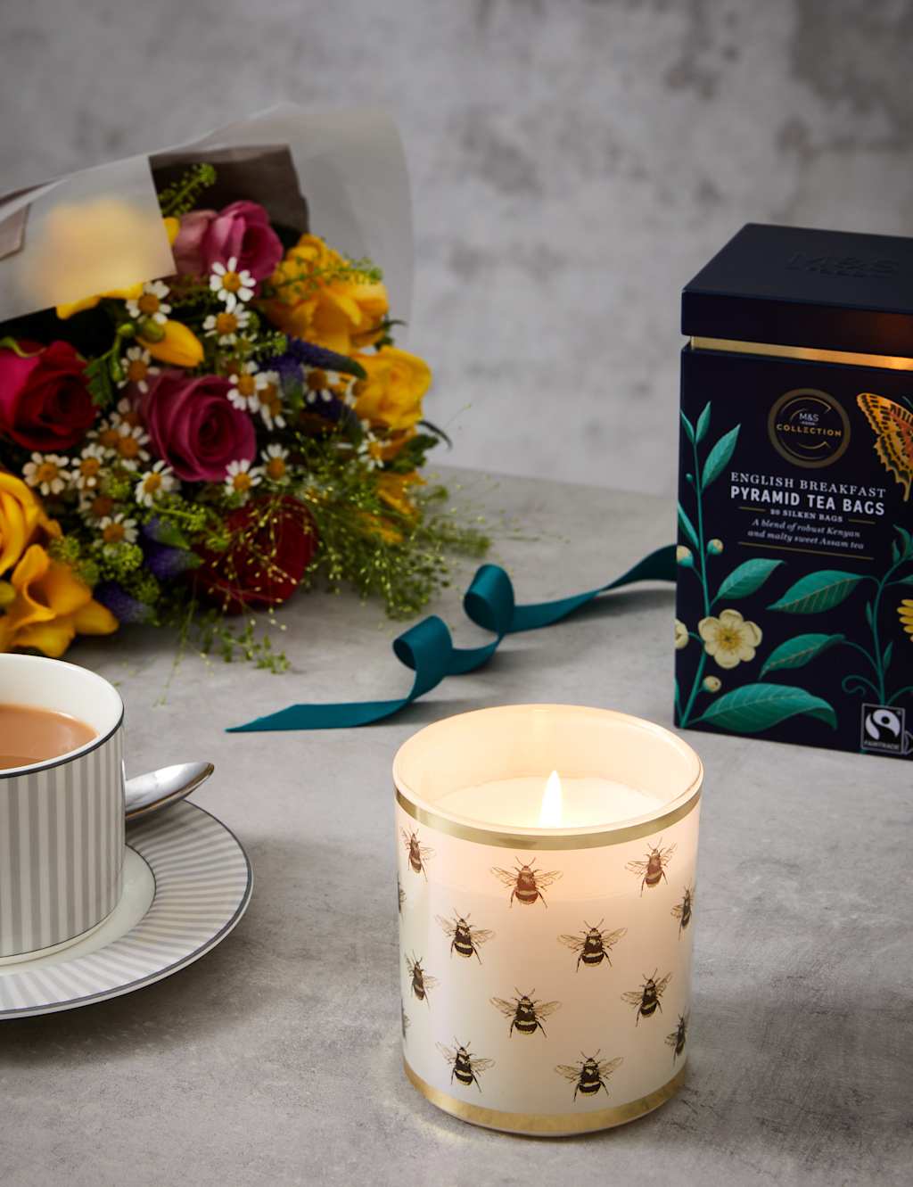 Brighten Your Day Bouquet, Tea & Candle Gift M&S