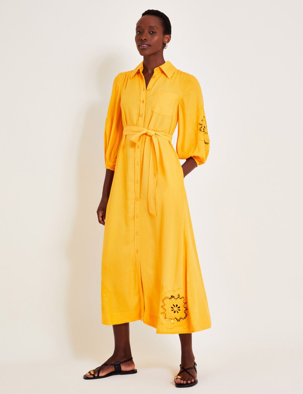 Broderie Midi Shirt Dress with Linen 3 of 5