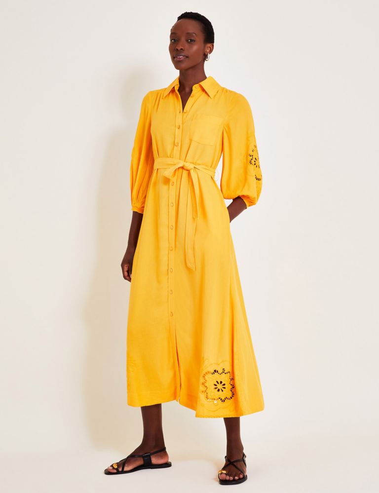 Broderie Midi Shirt Dress with Linen 1 of 5