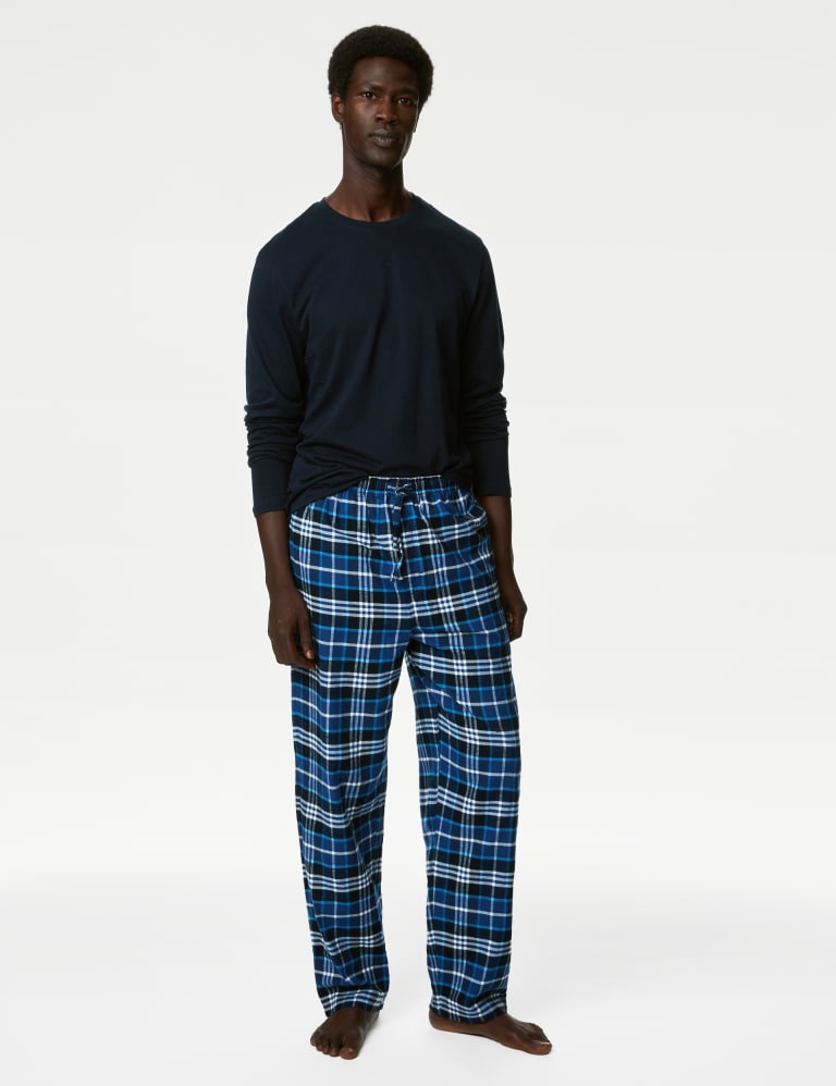 Relaxed Fit Pajama Pants - Dark blue/plaid - Men