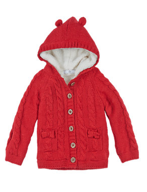 Button Through Borg Lined Hooded Cardigan with Wool (1-7 Years) Image 2 of 4