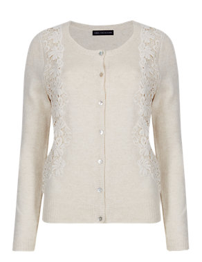 Button Up Lace Side Panel Cardigan with Wool Image 2 of 4