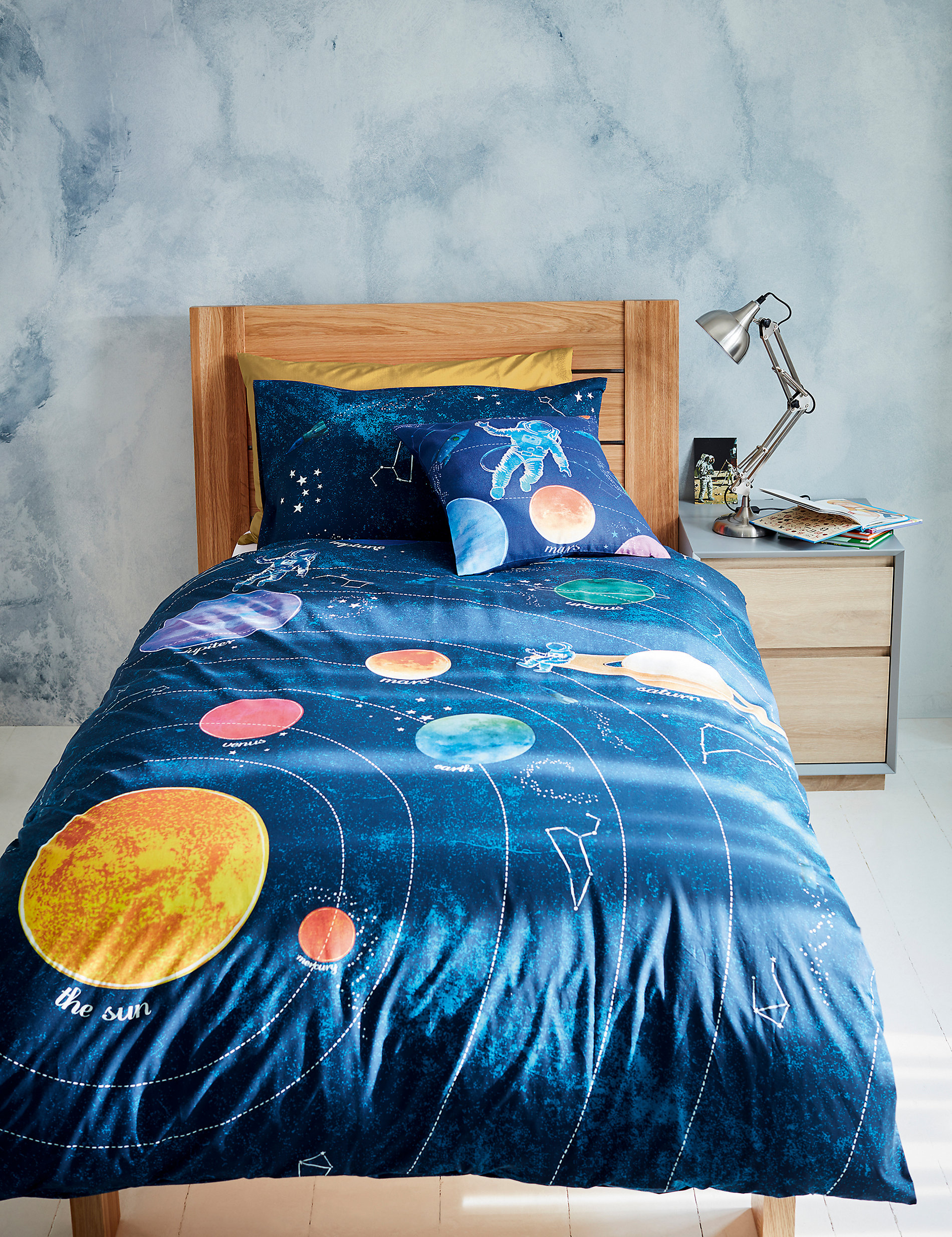 SPACE SINGLE FITTED SHEET & PILLOWCASE SET BLUE PLANETS KIDS BEDDING 