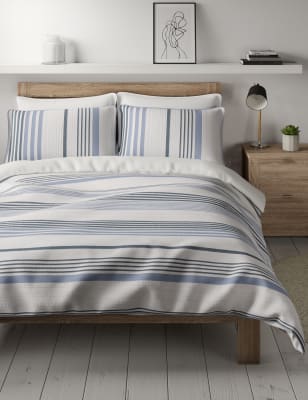 Parure de lit en coton &agrave; motif gaufr&eacute;, rayures et passepoil