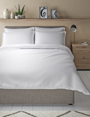 M&S Cotton Rich Pom-Pom Trim Bedding Set - 5FT - White, White