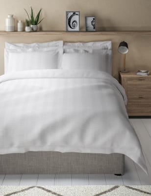 M&S Pure Cotton Striped Waffle Bedding Set - 6FT - White, White