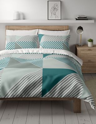 

Cotton Blend Geometric Bedding Set with Fitted Sheet - Teal, Teal