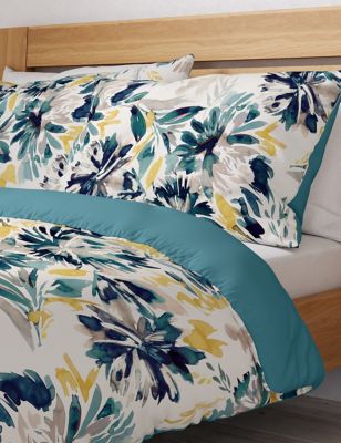 M&S Pure Cotton Watercolour Floral Bedding Set - 6FT - Teal Mix, Teal Mix