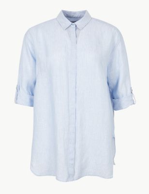 CURVE Pure Linen Striped Long Sleeve Shirt Image 1 of 1