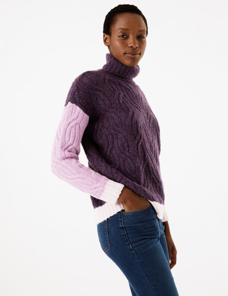 Cable Knit Colour Block Roll Neck Jumper, M&S Collection