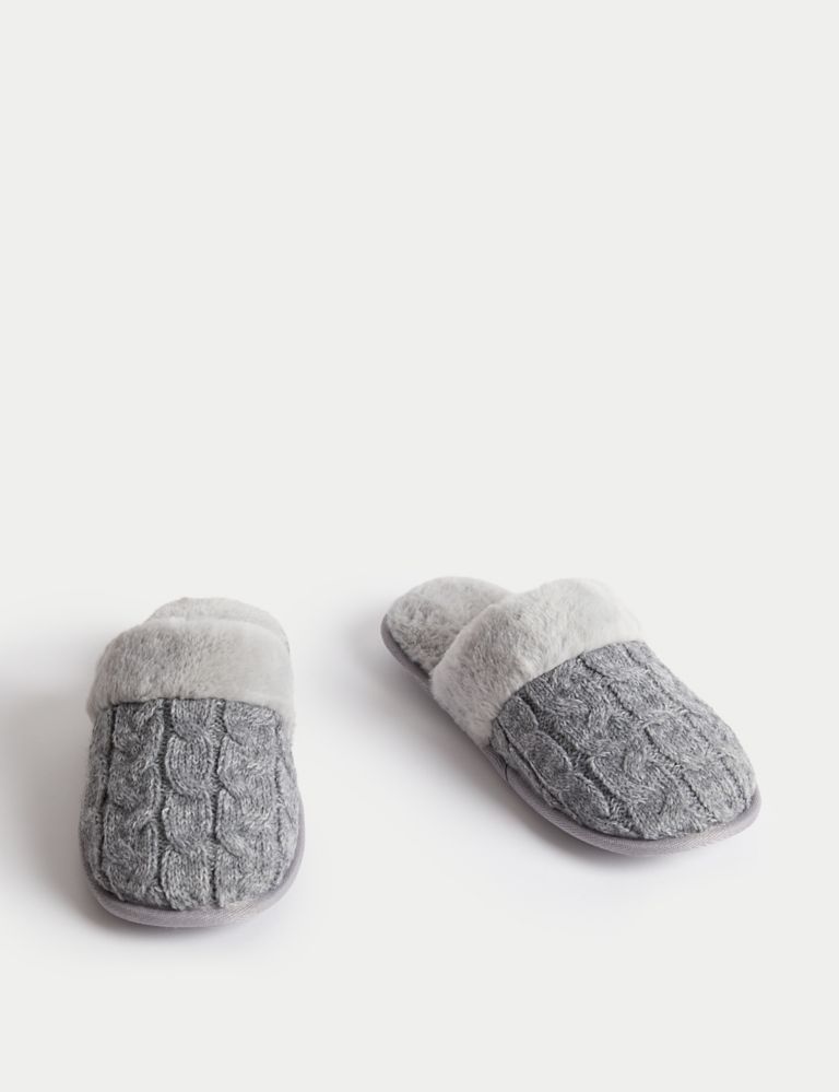 Cable Knit Faux Fur Lined Mule Slippers 2 of 3