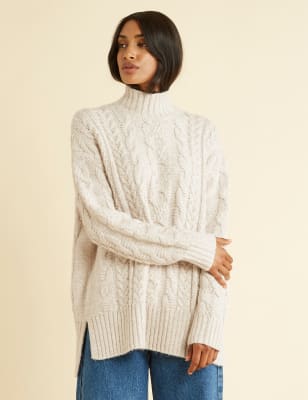 funnel neck cable sweater