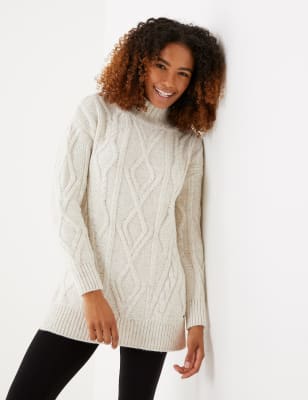 funnel neck cable sweater