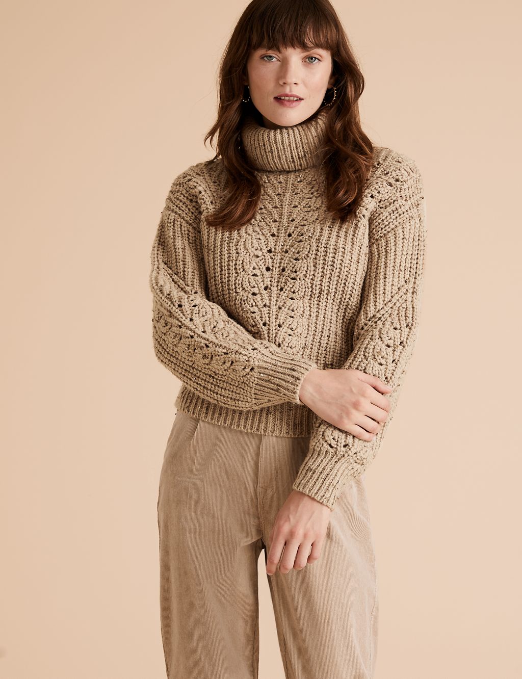 Cable Knit Roll Neck Jumper with Wool 3 of 5