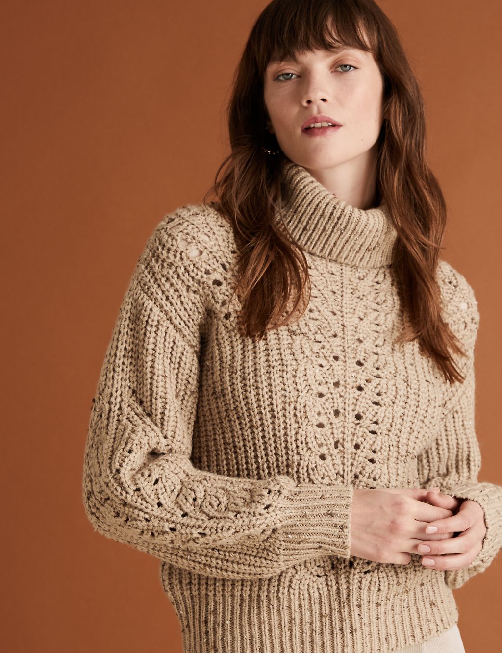 Cable Knit Roll Neck Jumper with Wool 2 of 5