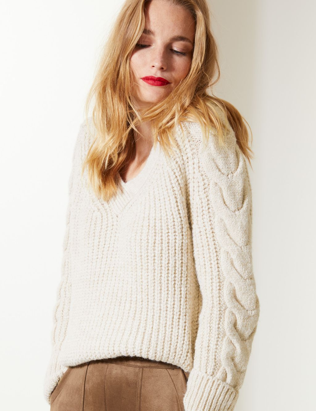 Cable Knit Sleeve V-Neck Jumper 2 of 4