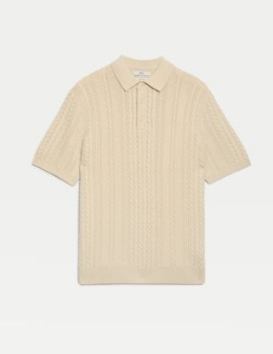 Cable Knitted Polo Shirt with Linen Image 2 of 5